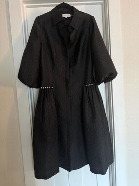 Teri Jon by Rickie Freeman Black Textured Midi Dress with Pearl  Detail